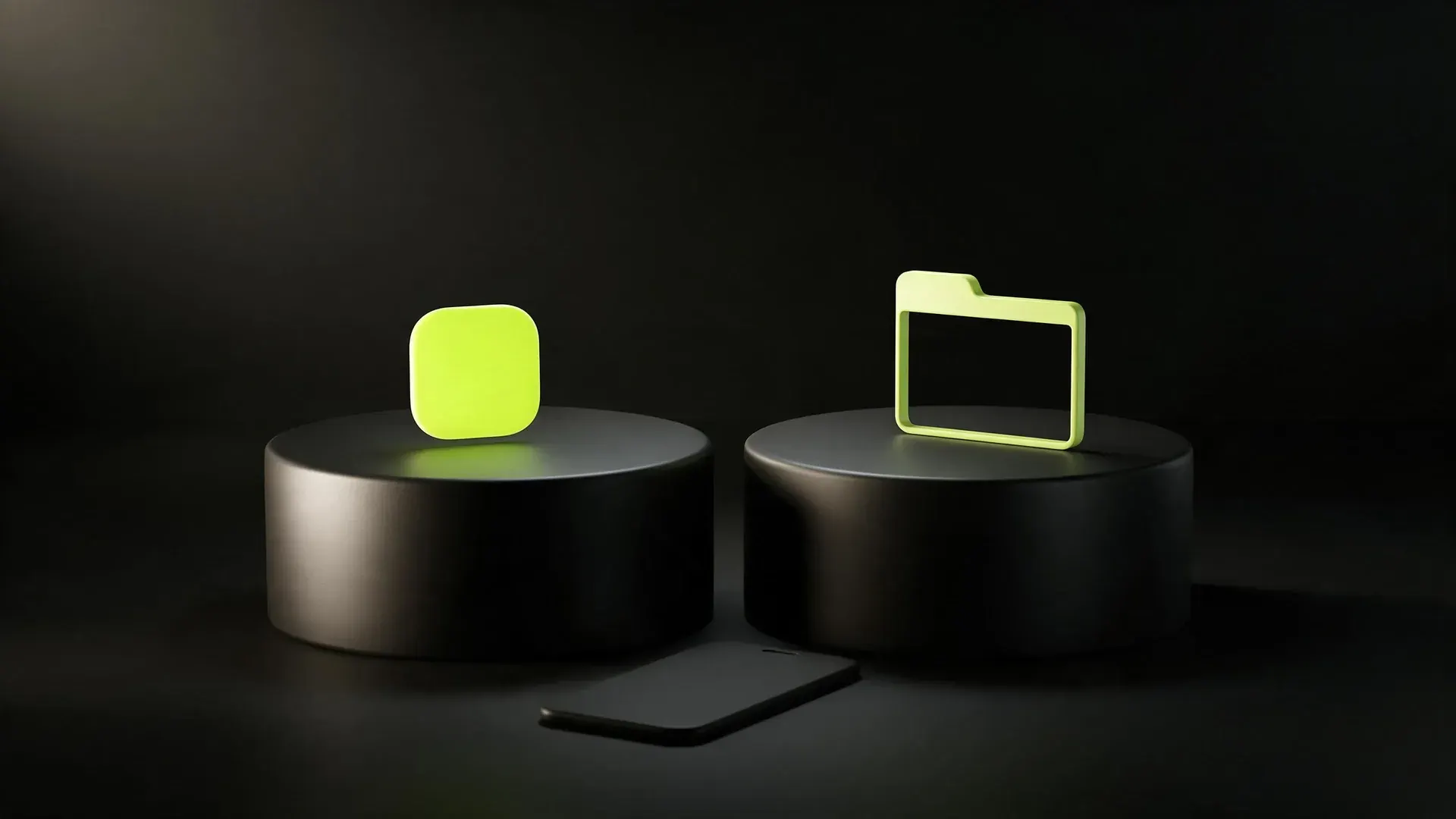 Two dark pedestals side by side, one holding a lime app tile and the other a lime browser window frame.