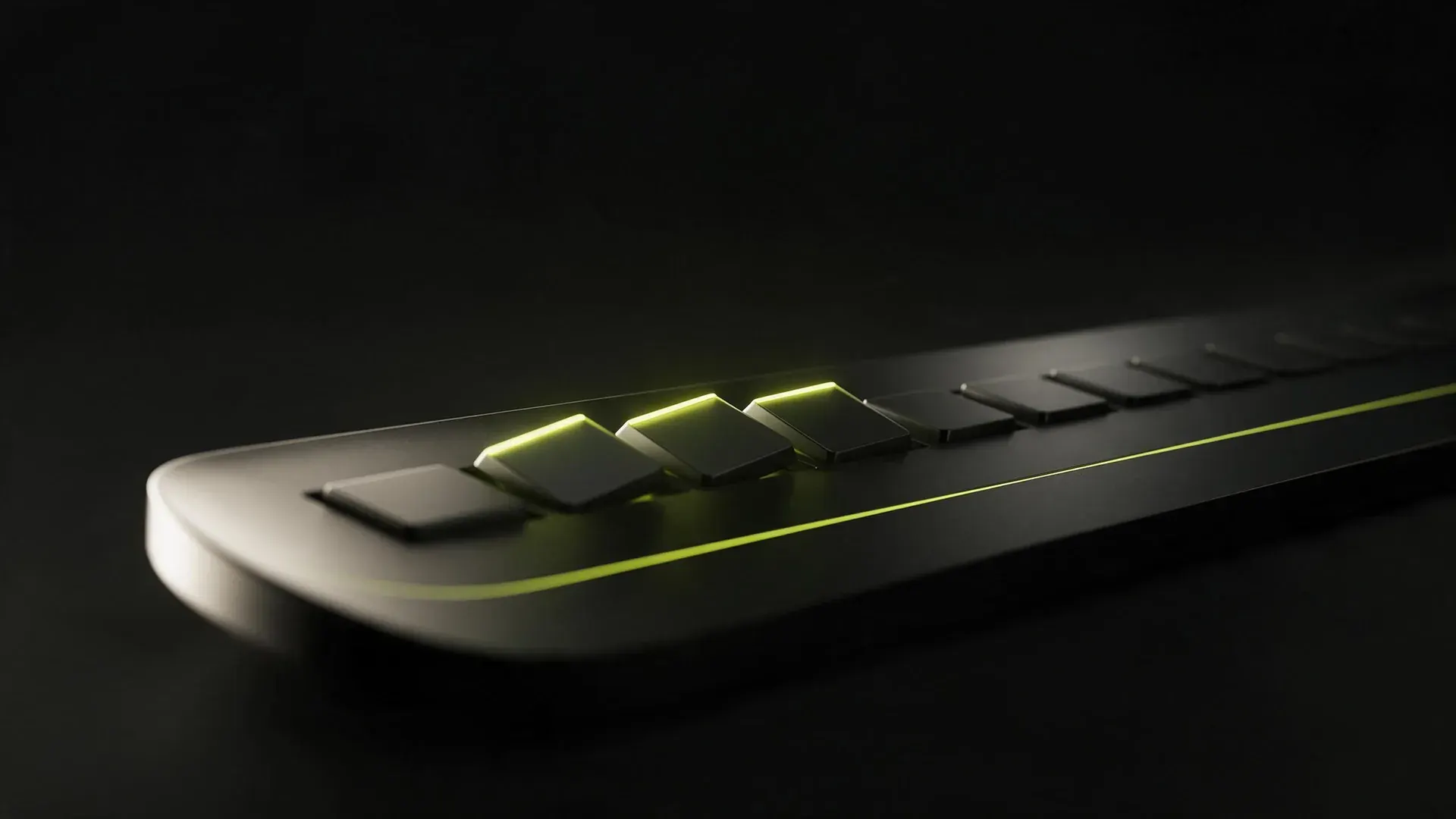 A row of dark switch tiles on a panel, the first few flipped up and glowing lime, the rest unlit.