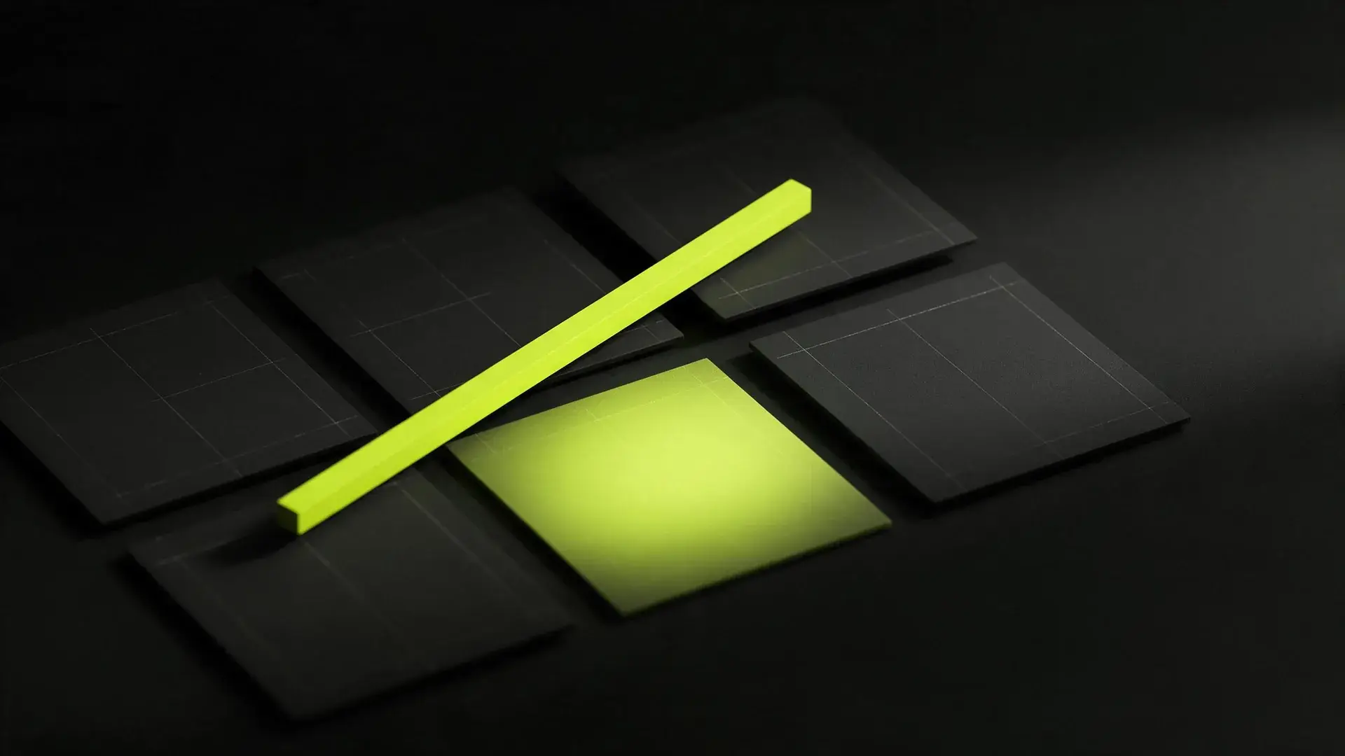 Dark ruled cards laid out in a grid with one glowing lime, a slim lime bar resting across them.