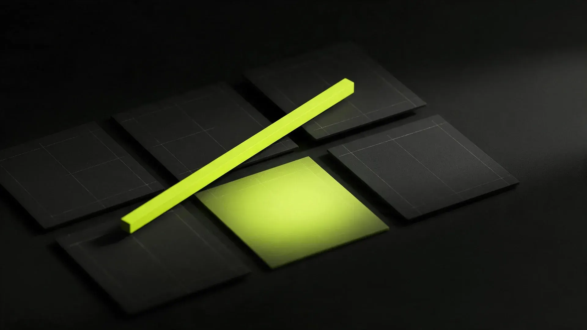 Dark ruled cards laid out in a grid with one glowing lime, a slim lime bar resting across them.
