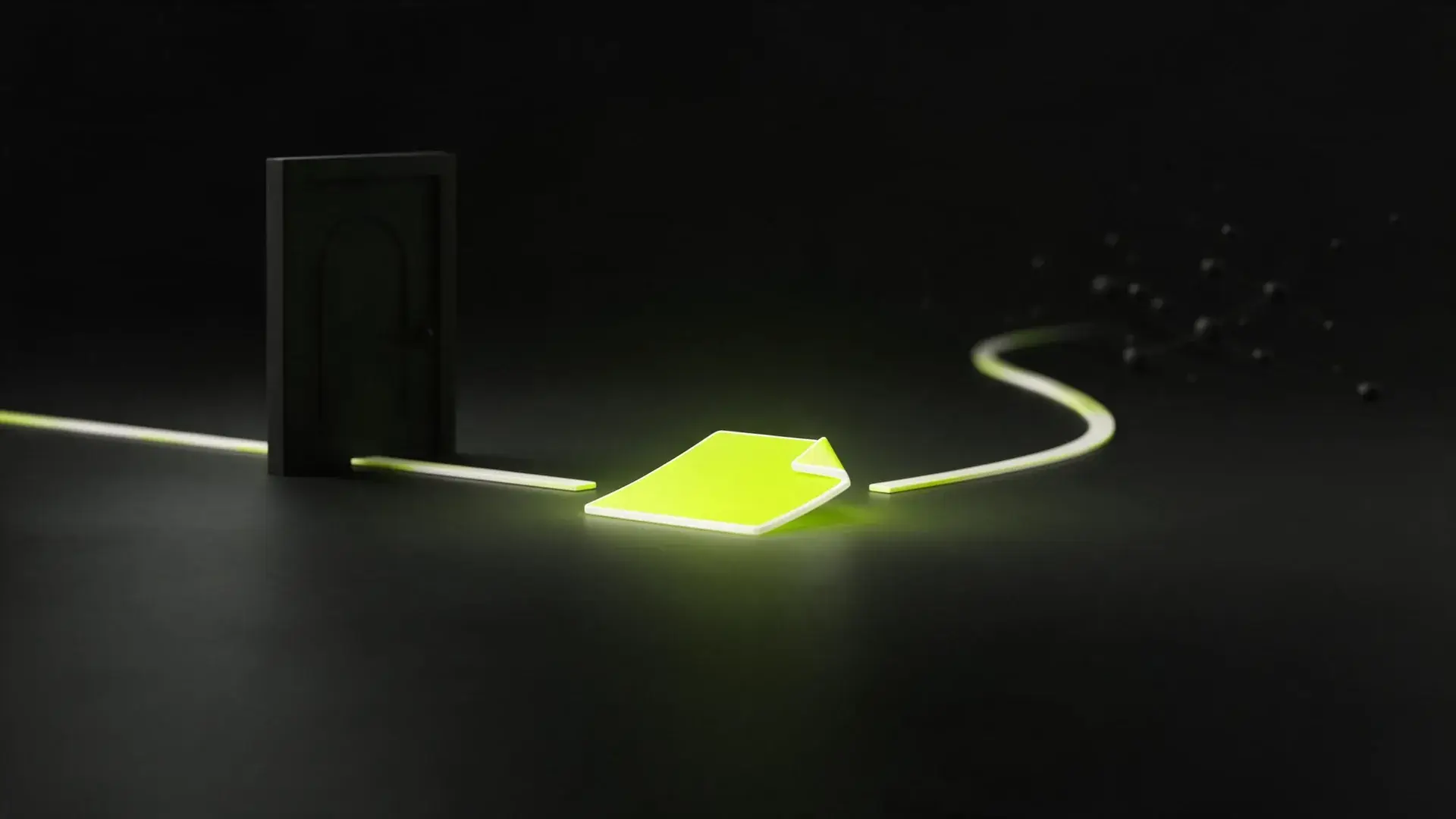 A lime document tile with two paths leaving it, one stopped by a dark gate, the other arcing off into scattered nodes.