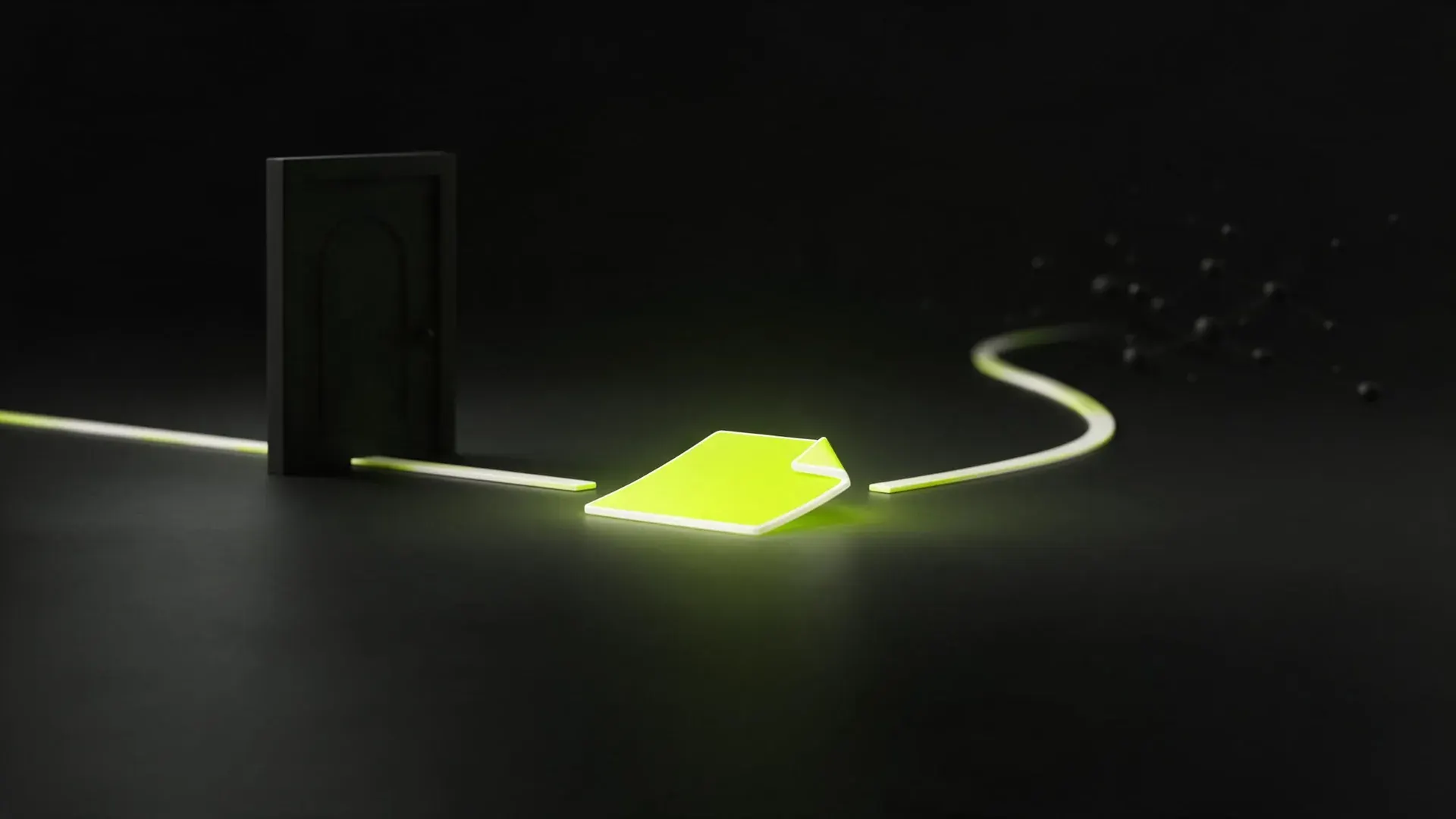 A lime document tile with two paths leaving it, one stopped by a dark gate, the other arcing off into scattered nodes.