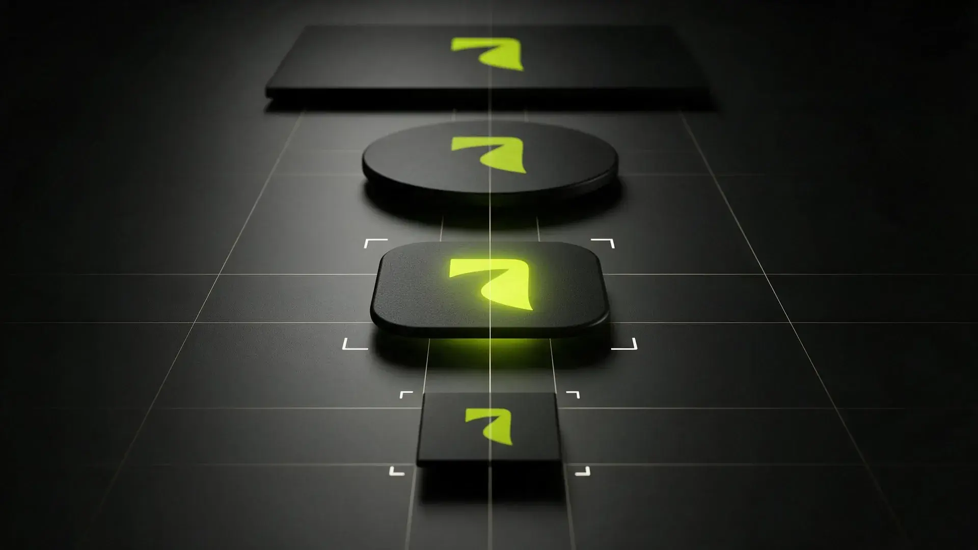 The same lime mark repeated across a favicon-sized tile, an app icon, a circular crop and a large panel.