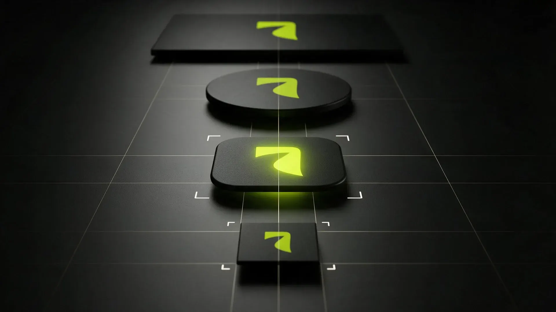 The same lime mark repeated across a favicon-sized tile, an app icon, a circular crop and a large panel.