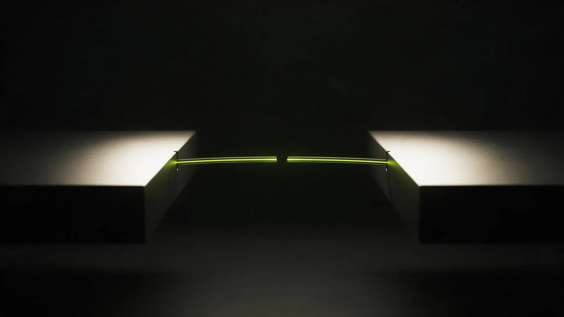 Two lit dark platforms with a lime cable stretched across the gap between them, broken in the middle.