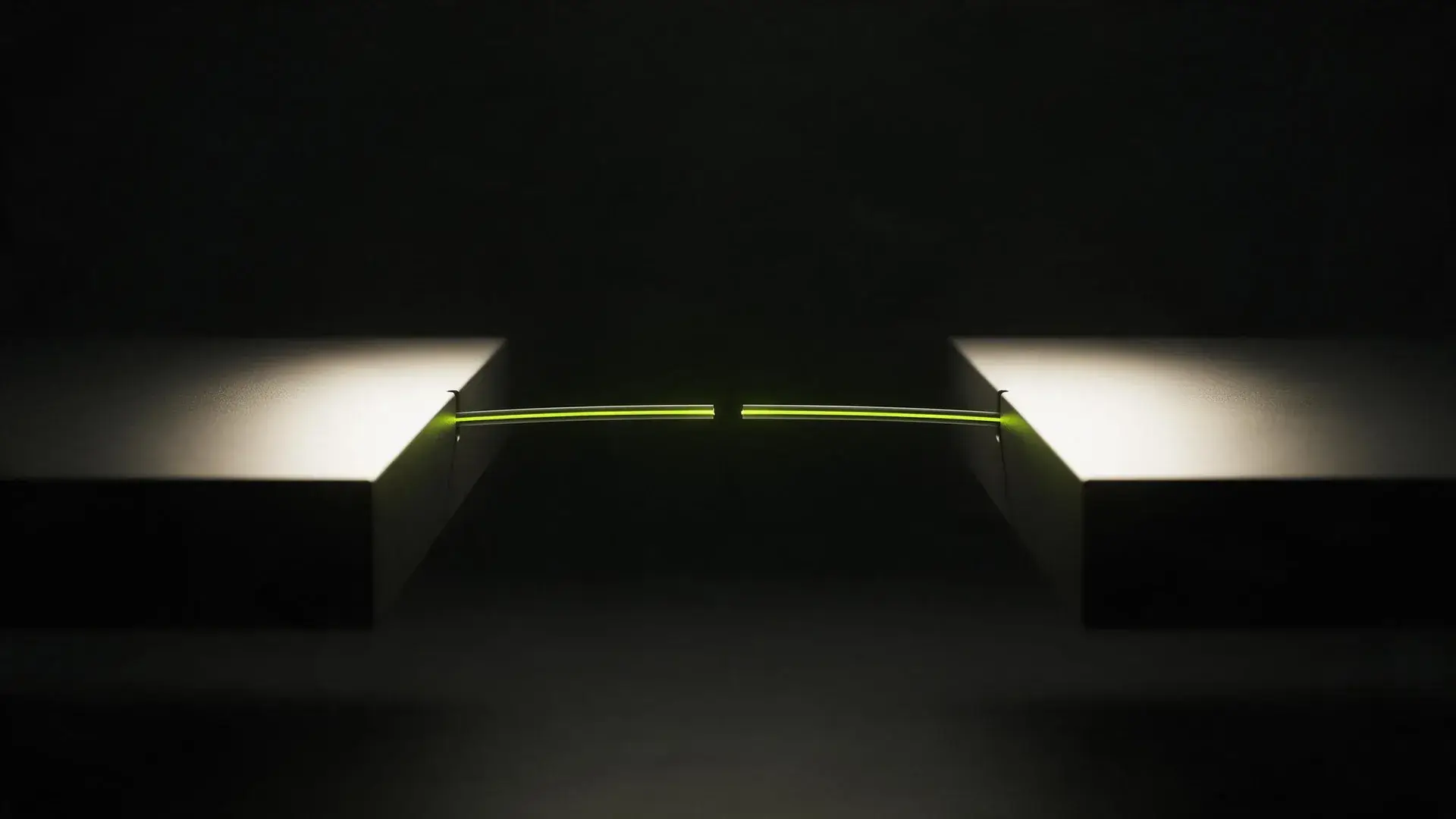 Two lit dark platforms with a lime cable stretched across the gap between them, broken in the middle.