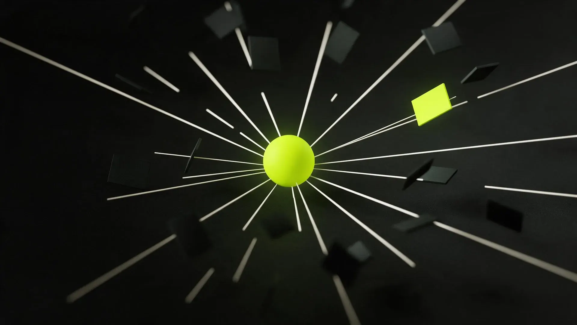 A glowing lime sphere with lines radiating out to scattered dark cards, one of them lit lime.