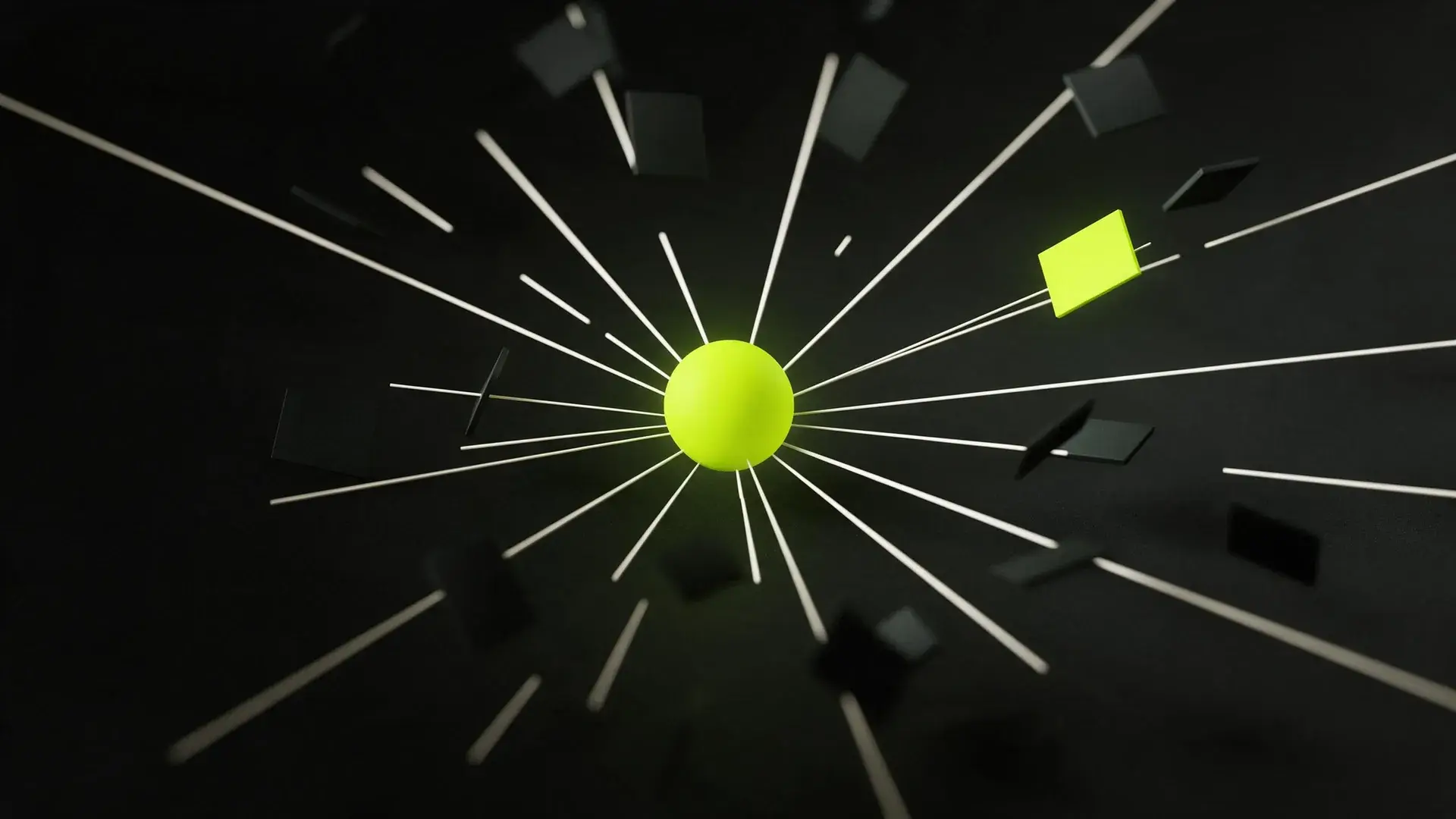A glowing lime sphere with lines radiating out to scattered dark cards, one of them lit lime.