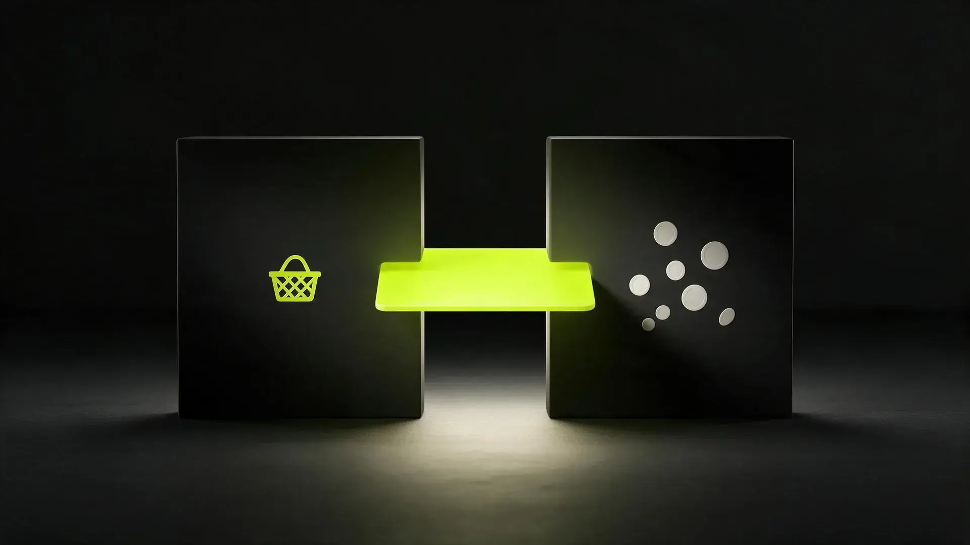 Two dark slabs facing each other with a single glowing payment card bridging the gap between them.