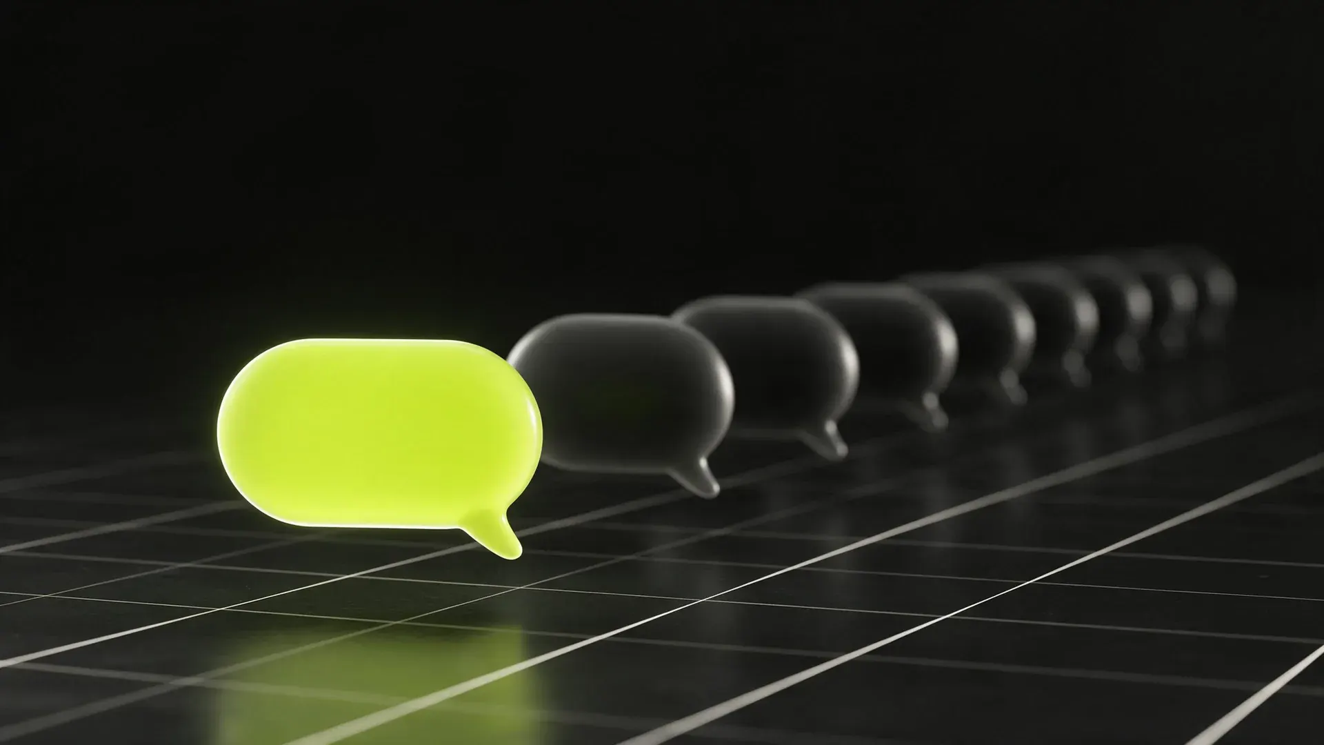 One glowing lime speech bubble at the head of a receding row of dim dark ones on a grid floor.