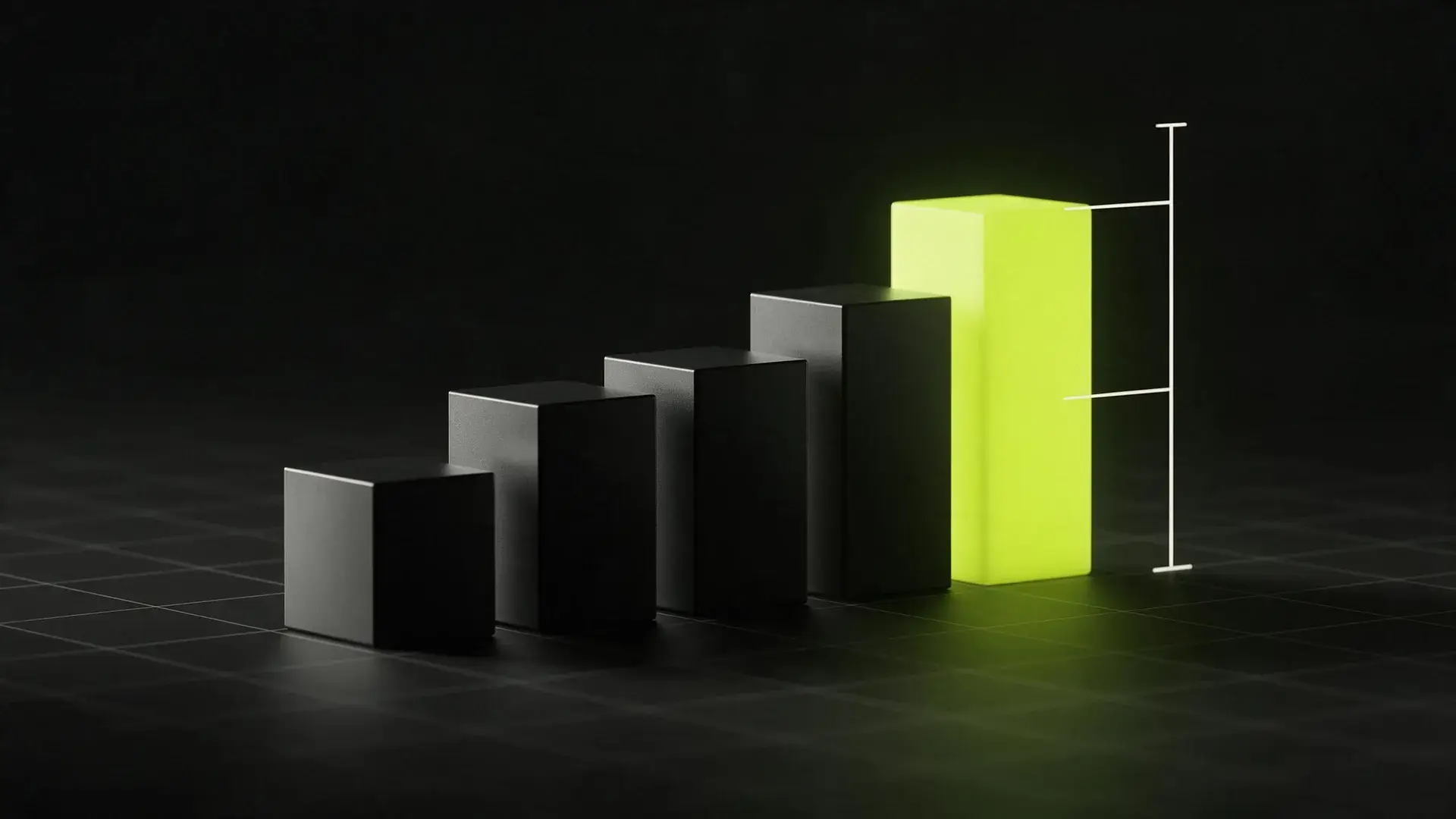 Five blocks rising in height like price tiers, the tallest lit lime beside a thin measuring line.