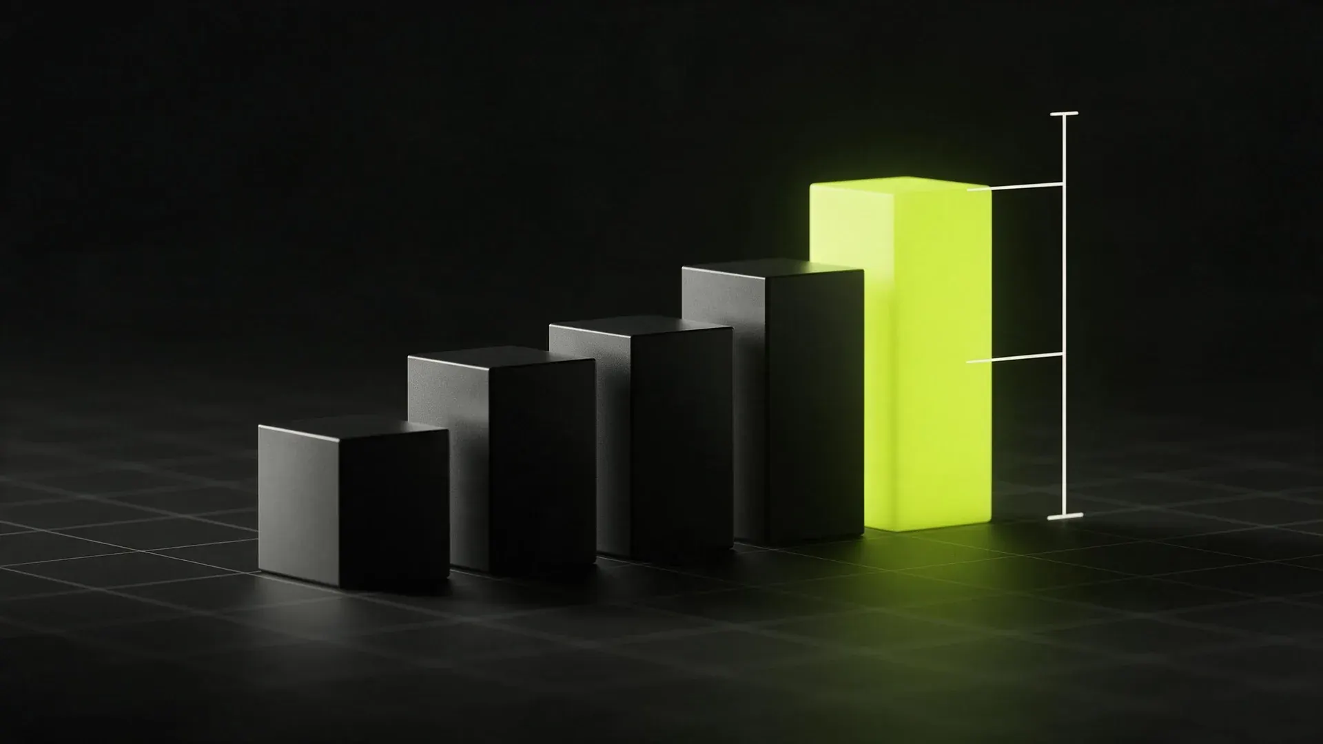 Five blocks rising in height like price tiers, the tallest lit lime beside a thin measuring line.
