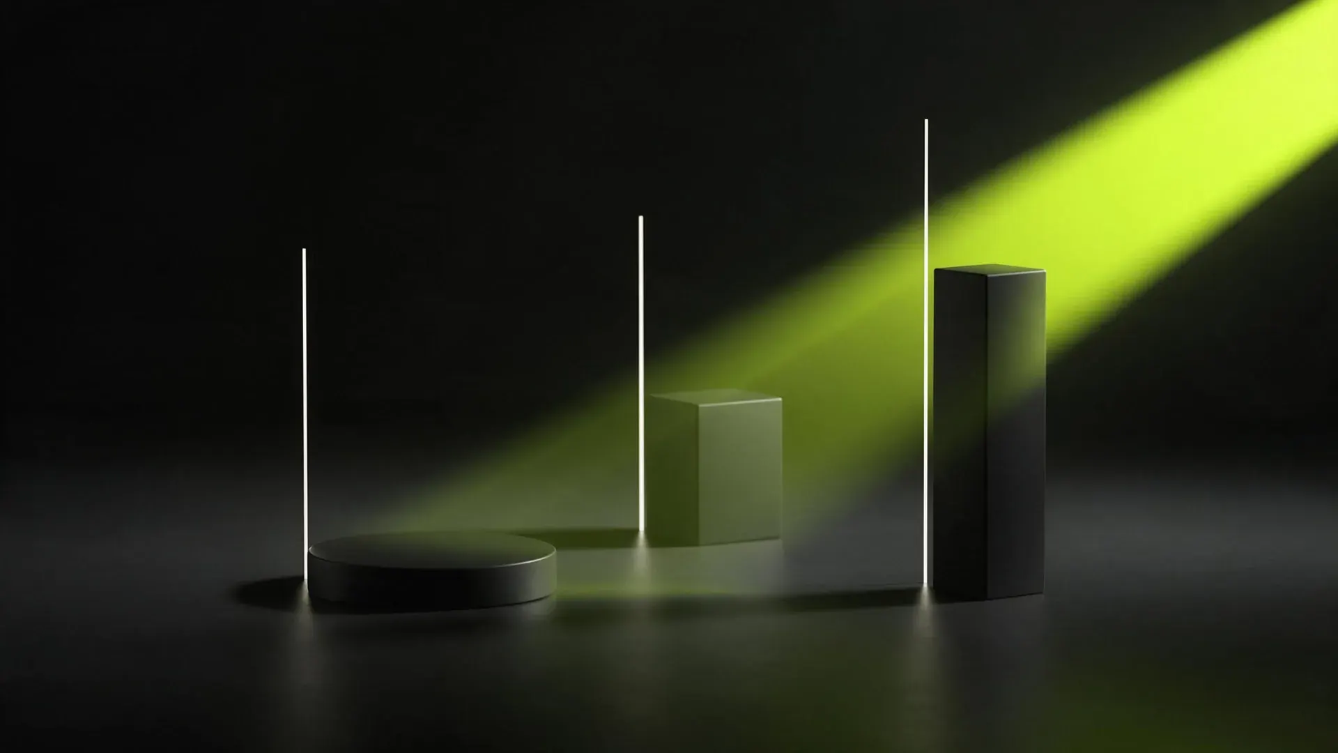 Three dark plinths of very different heights under a single lime spotlight, measuring lines beside them.