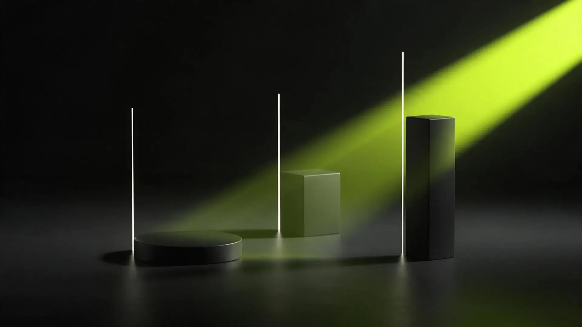 Three dark plinths of very different heights under a single lime spotlight, measuring lines beside them.