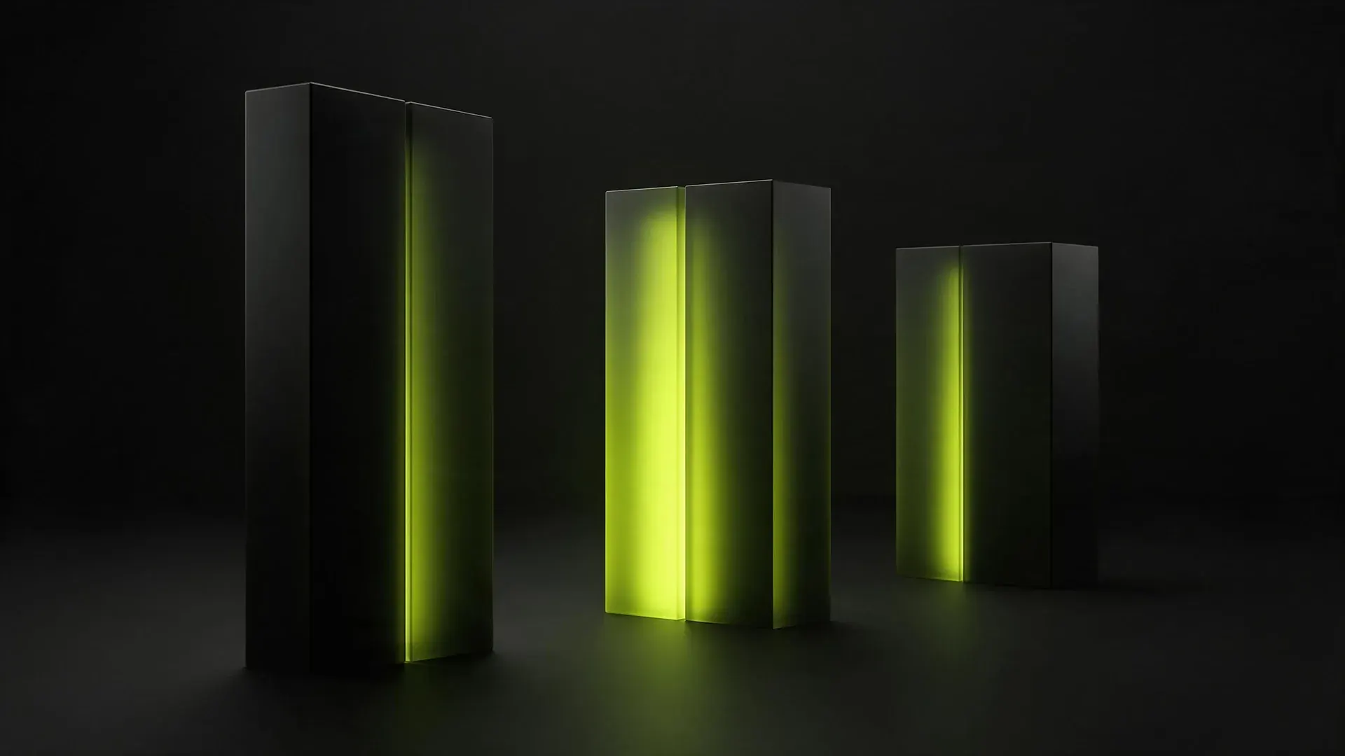 Three dark monoliths in a row, each split by a seam with lime light escaping, the middle one brightest.
