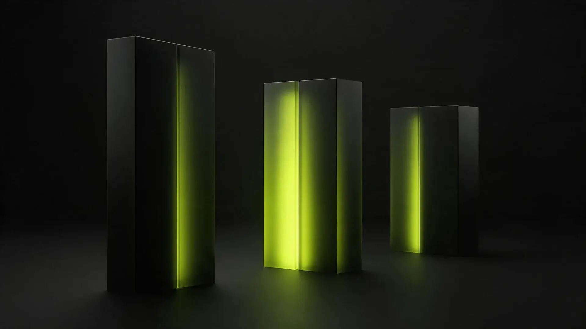 Three dark monoliths in a row, each split by a seam with lime light escaping, the middle one brightest.