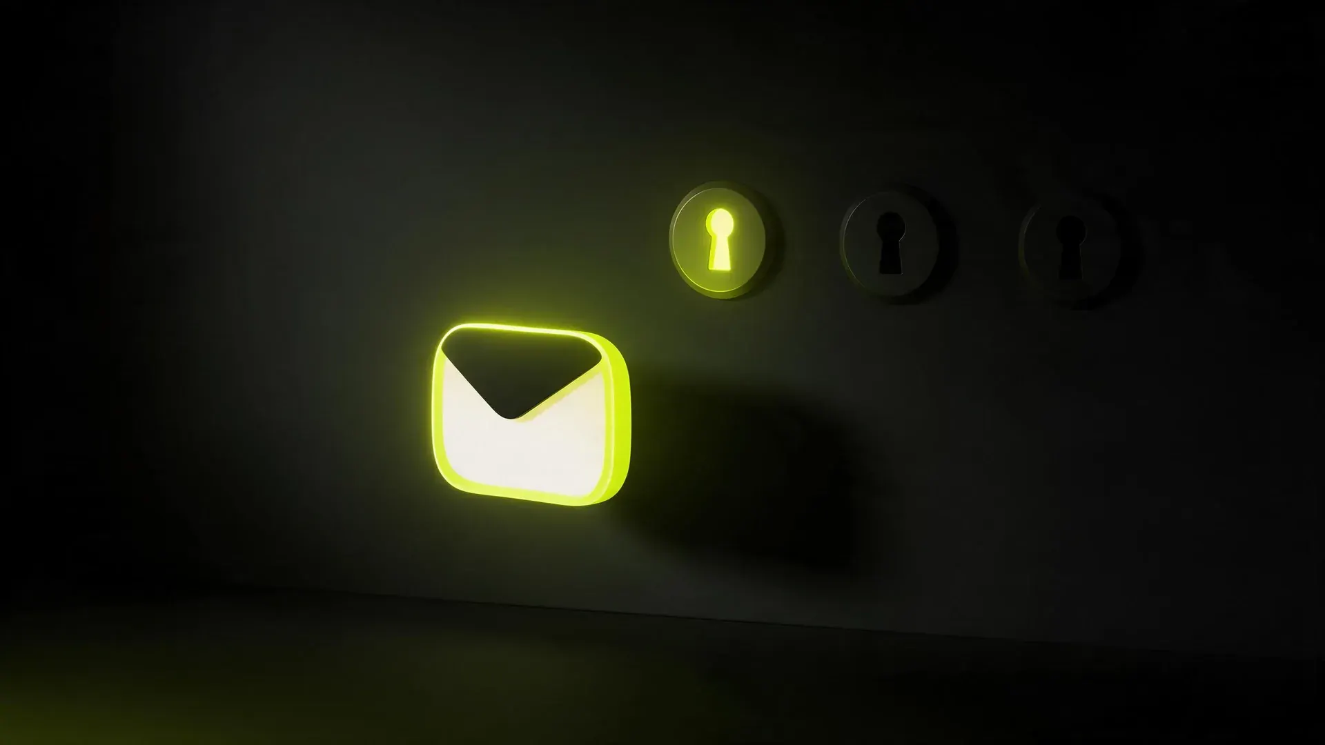 A glowing lime envelope in front of a dark wall set with three keyhole plates, one lit lime.