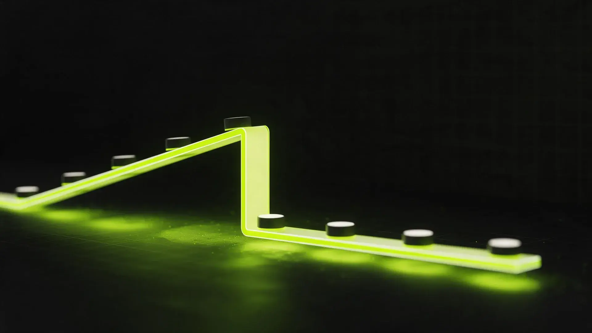 A lime line rising across a dark grid and then dropping sharply in one steep step.