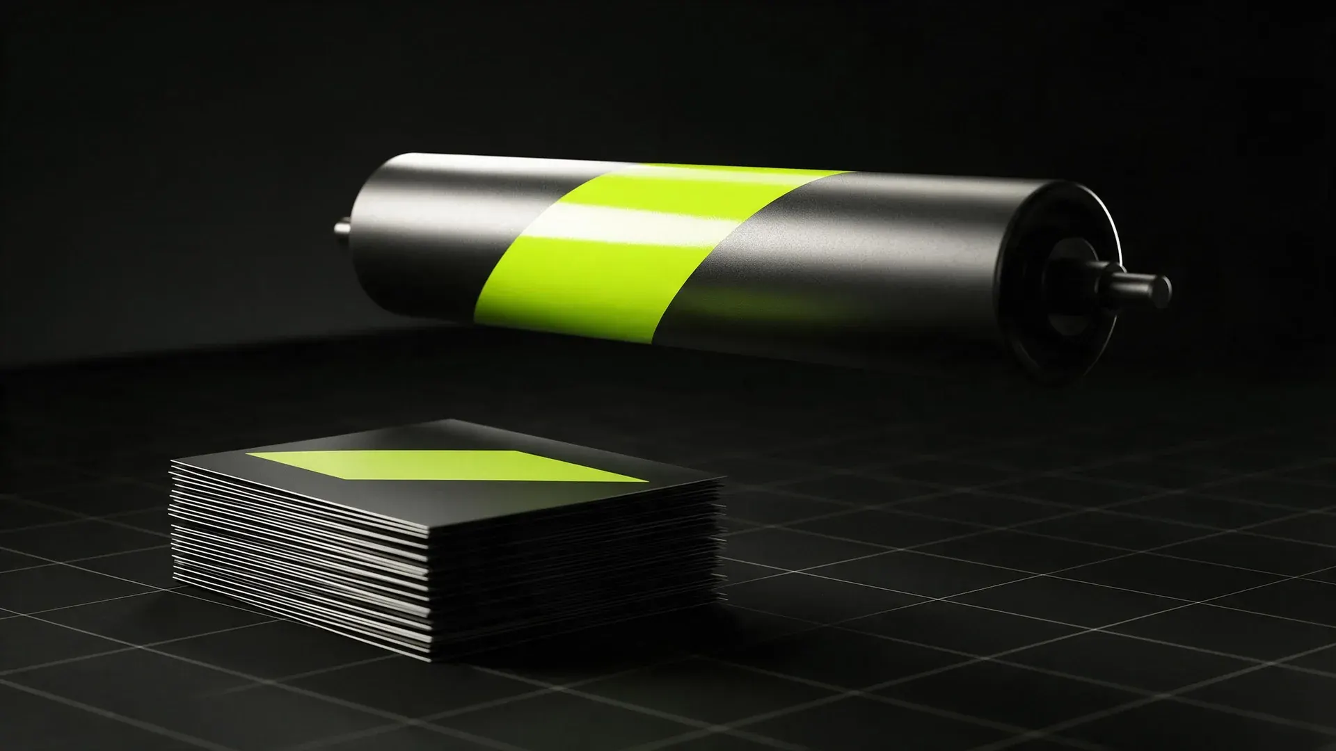 A dark printing roller banded with glossy lime ink, suspended above a stack of dark sheets.