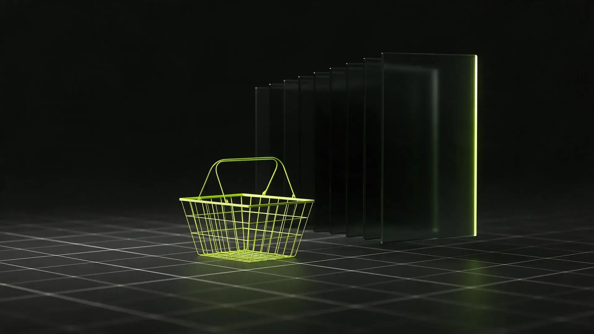 A lime wire shopping basket standing outside a stack of dark glass panes that stop short of it.